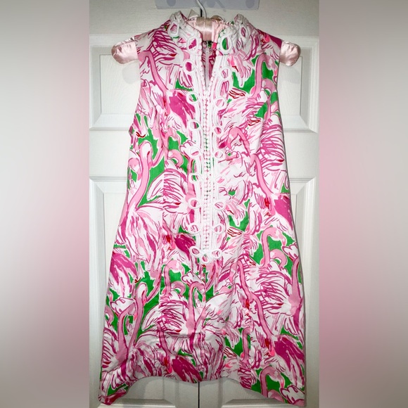 Lilly Pulitzer Alexa Shift Dress Flamingo Pink Green White Lace Size 0 - Picture 1 of 14